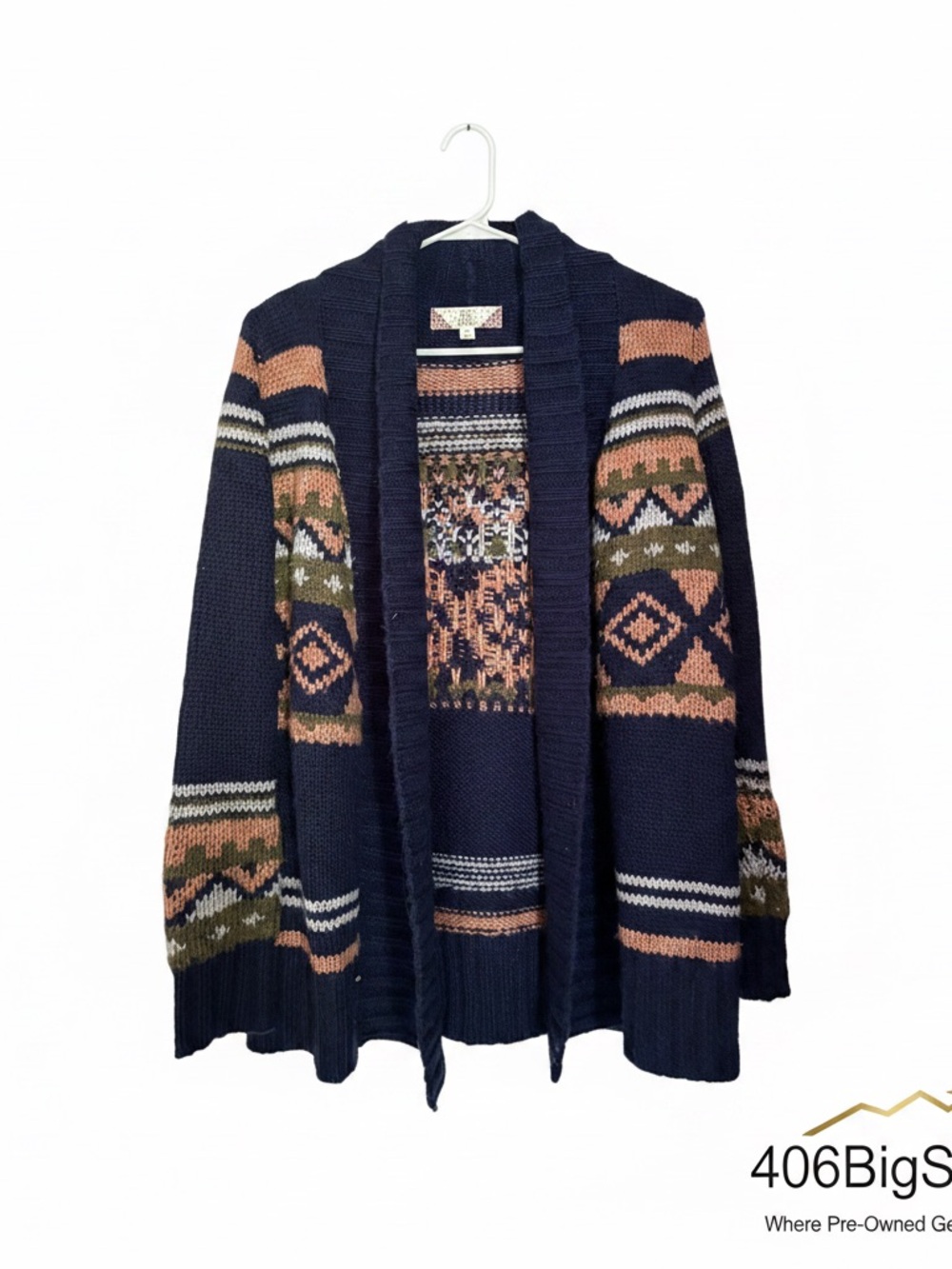 Pink Rose Navy Cardigan with Pink and Olive Fair Isle Accents